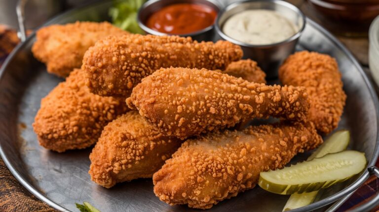 A stack of golden-brown chicken tenders marinated in buttermilk, with their crisp exterior and juicy inside, making them a perfect snack or meal option