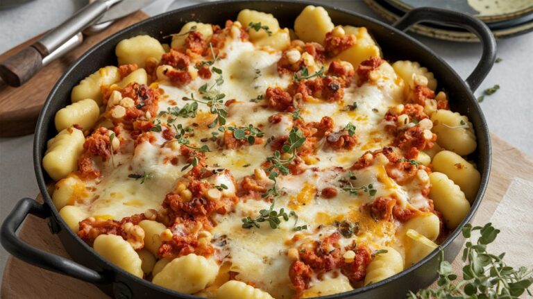 A bowl of Cheesy Autumn Gnocchi, with tender gnocchi coated in a creamy cheese sauce, garnished with crispy sage leaves and sprinkled with Parmesan