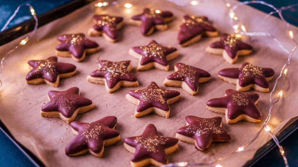 tray of Chocolate-Dipped Shortbread Stars, featuring crisp, buttery star-shaped cookies half-dipped in glossy, rich chocolate and decorated with festive sprinkles