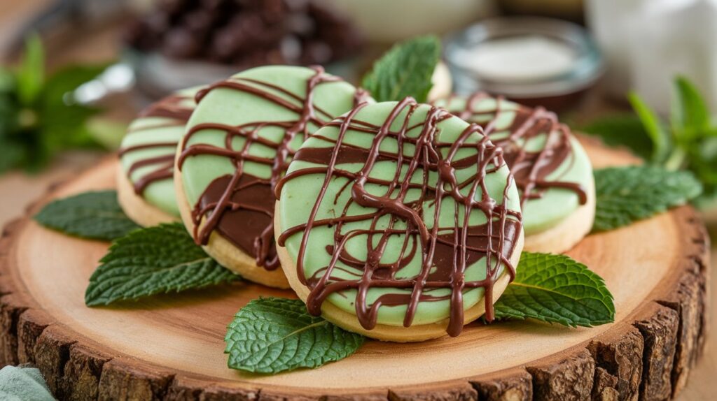 "Chocolate Mint Swirl Buttery Shortbread Cookies arranged on a tray, highlighting the contrast of the deep chocolate and fresh mint swirls on a buttery, crisp cookie."