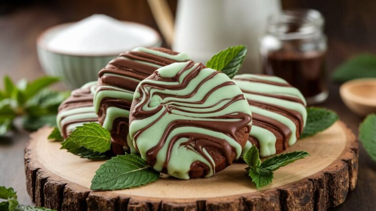 A plate of Chocolate Mint Swirl Buttery Shortbread Cookies, featuring a rich swirl of chocolate and mint on a tender, golden shortbread base.