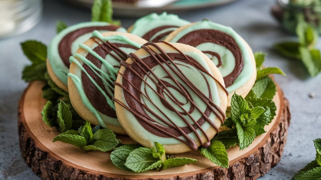 A stack of Chocolate Mint Swirl Buttery Shortbread Cookies, with beautiful marbled chocolate and mint swirls, offering a decadent, festive treat."