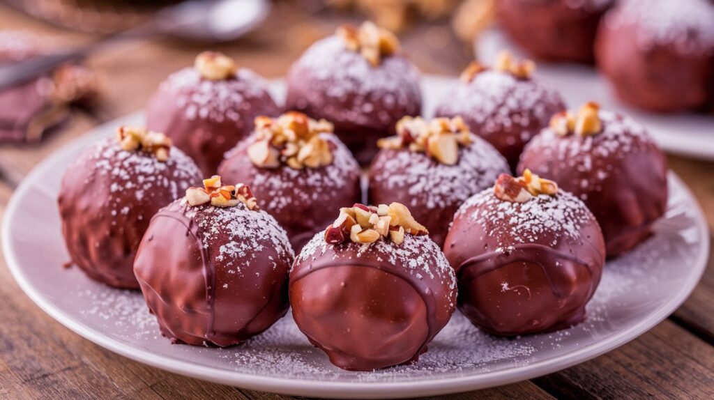 "A plate of Classic Chocolate Snowball Cookies, with their snowy coating of powdered sugar and a perfect balance of crumbly texture and chocolatey sweetness in every bite."

