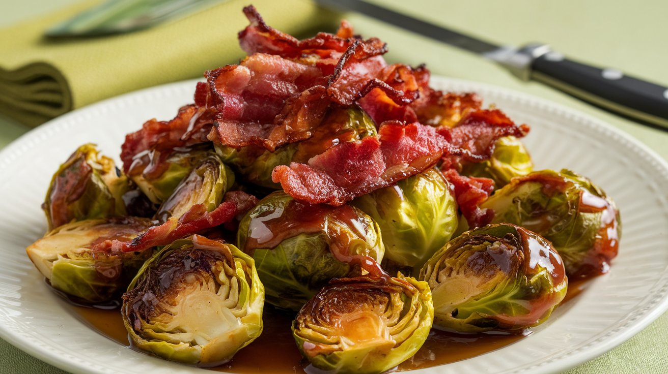 Golden Crispy Brussels Sprouts with Maple Syrup Glaze and Bacon A tempting plate of golden crispy Brussels sprouts, beautifully caramelized in a glossy maple syrup glaze. The Brussels sprouts are perfectly roasted to a crisp, with each one drizzled in the sweet syrup and topped with savory, crunchy bacon bits. The smoky aroma and irresistible texture make this dish a perfect appetizer or side for any festive meal.