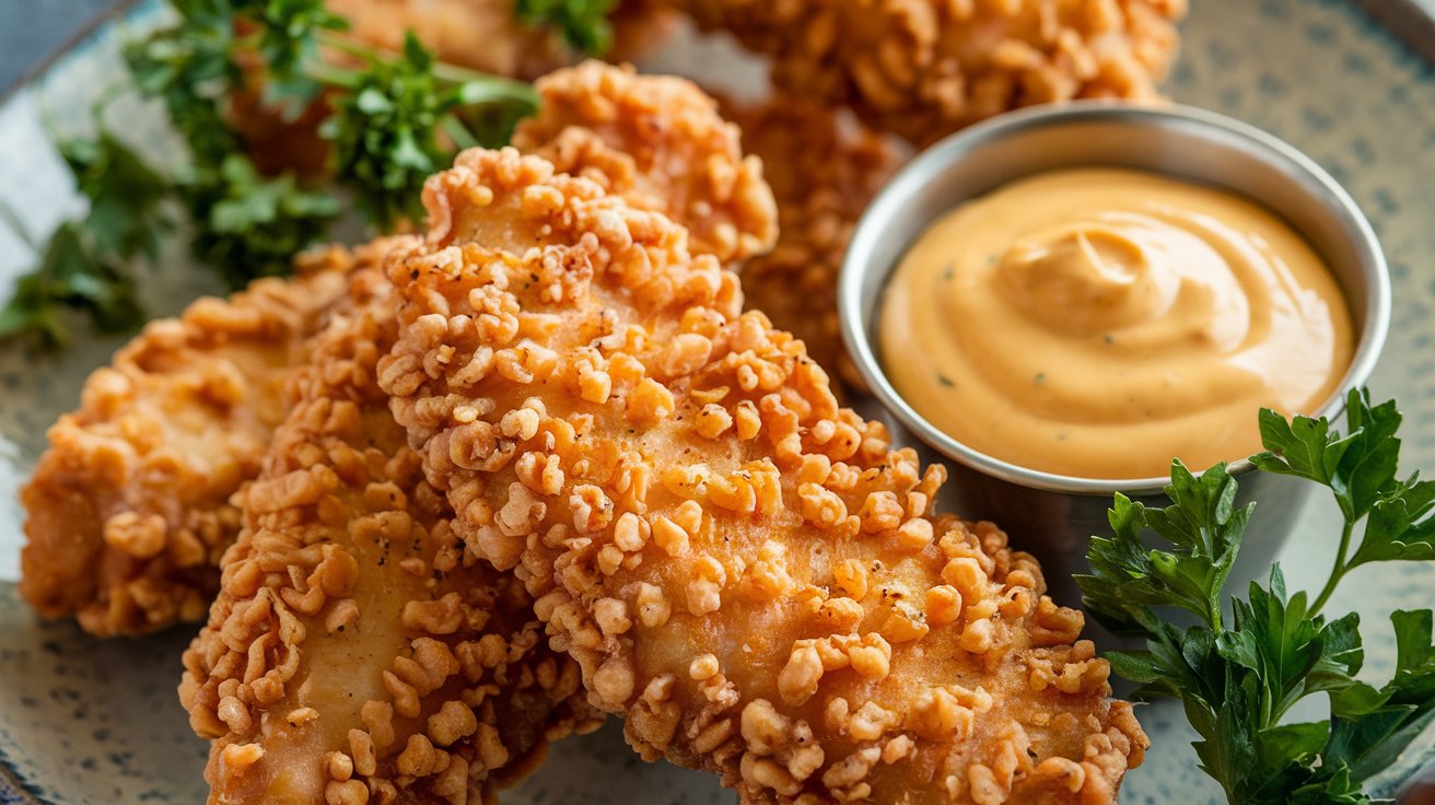 A generous serving of crispy chicken tenders, golden and crunchy, with a side of honey mustard sauce for dipping. The chicken is perfectly fried, and the honey mustard provides the ideal contrast, creating a deliciously satisfying meal.