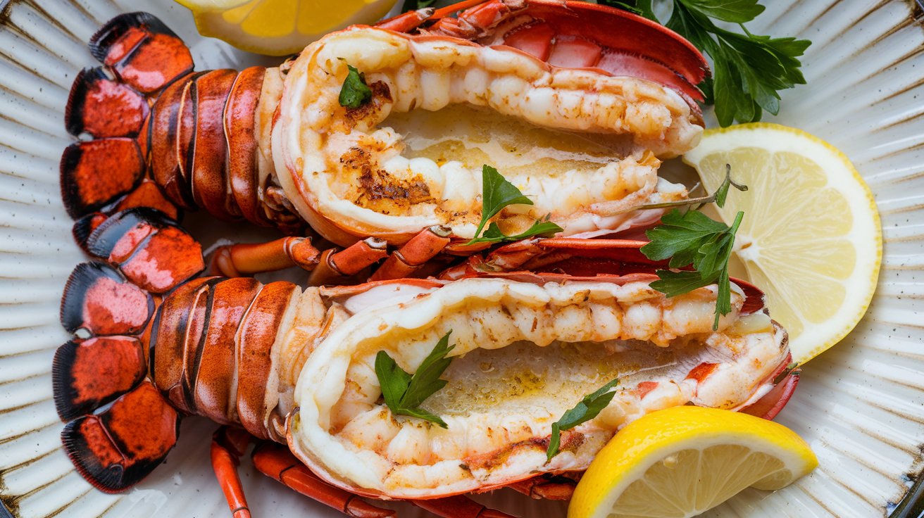 Succulent Garlic Butter Lobster Tails with a Golden Finish" A close-up of perfectly cooked lobster tails, drenched in a rich garlic butter sauce, and garnished with fresh parsley. The lobster meat is tender and juicy, and the golden-brown butter adds a mouthwatering shine to the dish.