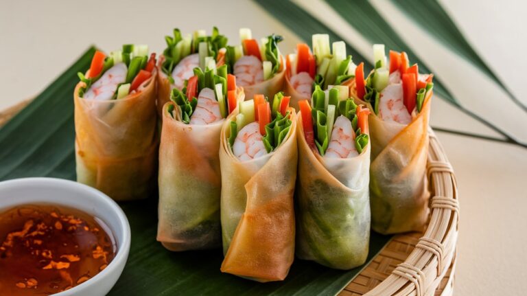 Colorful Spring Rolls Displayed with Fresh Herbs and Dipping Sauce" A colorful arrangement of spring rolls served with fresh herbs and a bowl of dipping sauce, emphasizing their vibrant, healthy ingredients and the freshness of each roll