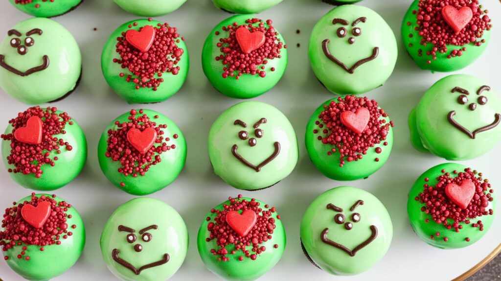 A plate of Oreo truffles made with festive red velvet Oreos, coated in smooth white chocolate and sprinkled with red and white holiday sprinkles.