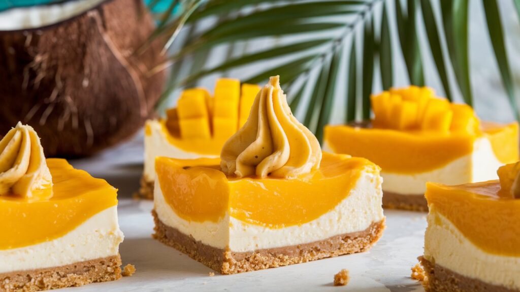 Creamy cheesecake swirled with a vibrant mango puree on a buttery graham cracker crust. These Juicy Mango Cheesecake Bars are topped with fresh mango slices arranged like a sunset, making every bite as visually appealing as it is delicious.