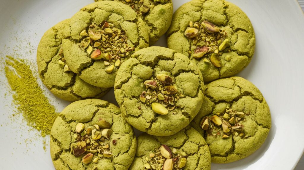 Close-up of Matcha Pistachio Crinkle Cookies, highlighting their soft, chewy interior and the contrast of the green matcha and pistachio crinkle crust.