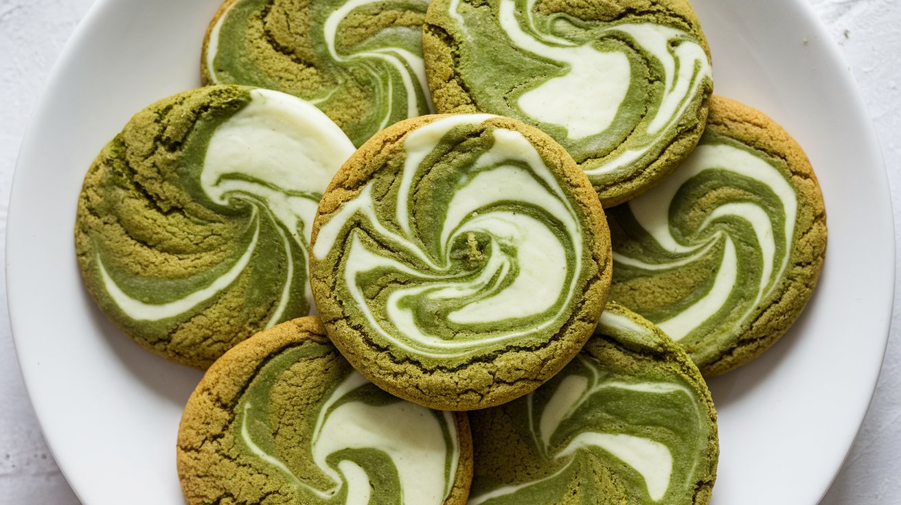 "Matcha White Chocolate Swirl Cookies displayed on a rustic wooden board, with vibrant green matcha swirls and creamy white chocolate pieces in each cookie.