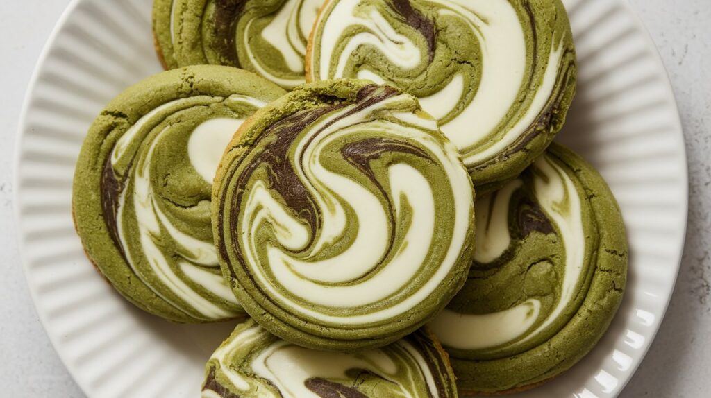 Matcha White Chocolate Swirl Cookies arranged on a wooden board, with the perfect balance of earthy matcha and sweet white chocolate in every bite.