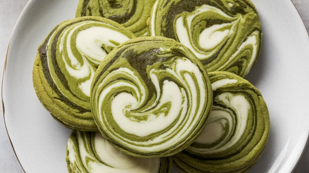 A close-up of Matcha White Chocolate Swirl Cookies, featuring the rich green matcha flavor and smooth white chocolate swirls, set on a wooden board