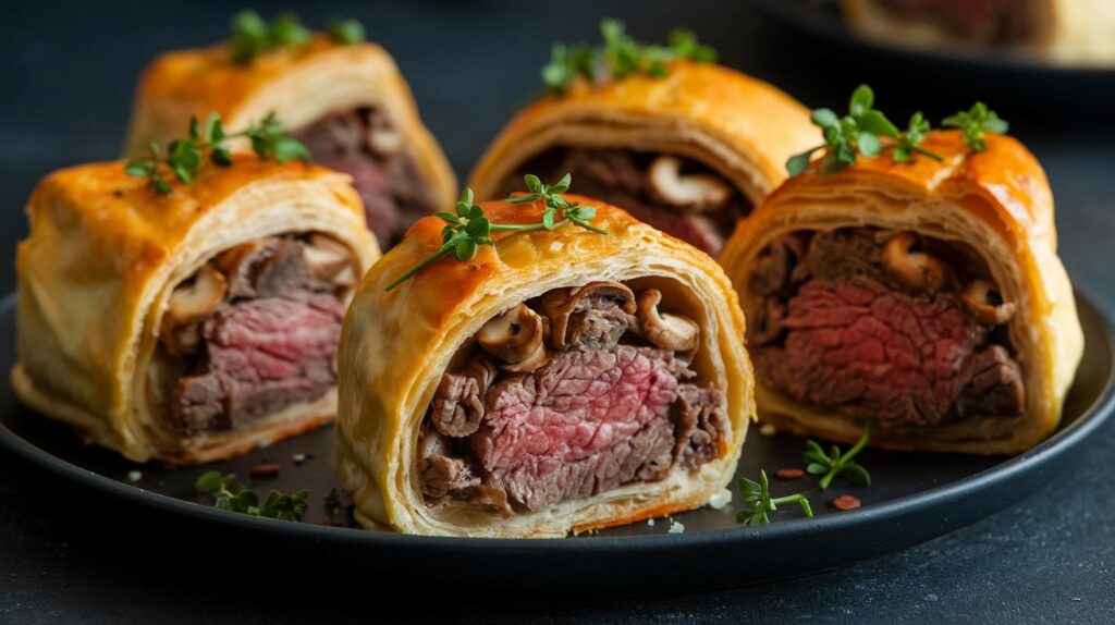 A plate of savory beef Wellington bites, featuring tender beef wrapped in flaky puff pastry, golden brown and perfectly bite-sized, ready to be enjoyed