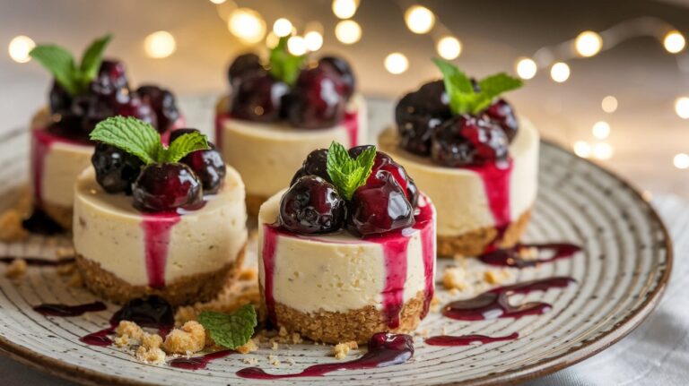 Mini Cheesecakes with Glossy Berry Topping" A close-up shot of individual mini cheesecakes, each topped with a shiny layer of vibrant red berries. The cheesecakes are placed on a decorative plate, showcasing their smooth, creamy texture and sweet berry glaze for a delightful dessert presentation.