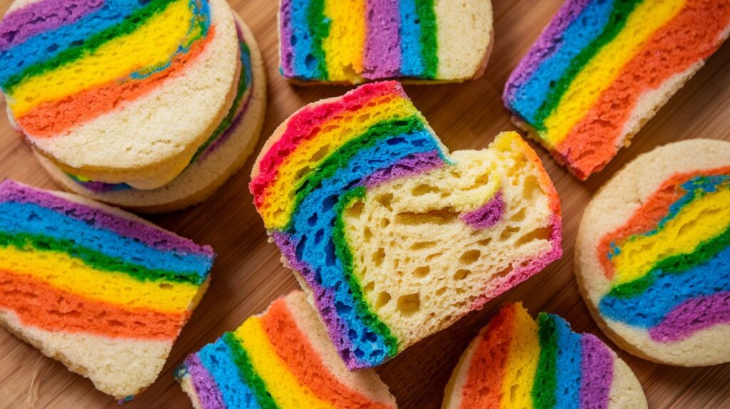 Close-up of Rainbow Swirl Shortbread Cookies, showcasing the perfect blend of pastel colors in the swirl pattern against a delicate golden cookie base.