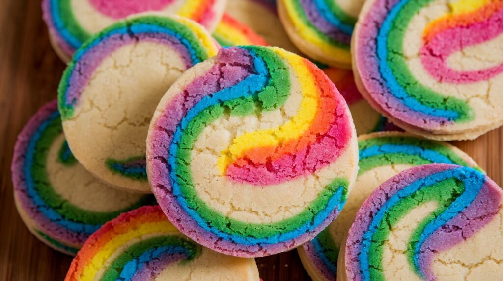 A colorful plate of Rainbow Swirl Shortbread Cookies, featuring vibrant swirls of red, blue, yellow, and green in each buttery, melt-in-your-mouth bite