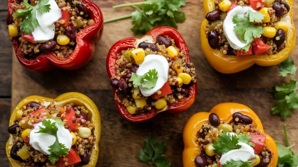 Close-up of Rustic Stuffed Bell Peppers, showcasing the colorful peppers filled with a hearty stuffing, garnished with fresh herbs and a golden, cheesy topping