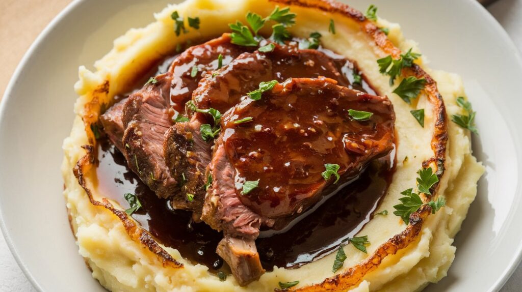 "A delicious serving of red wine braised short ribs, served over creamy mashed potatoes, with the tender, rich meat and savory sauce creating a mouthwatering dish."