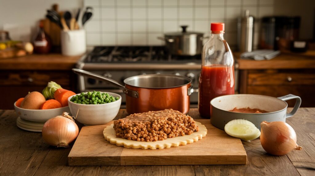 Close-up of Shepherd's Pie, highlighting a crispy and unexpected crust topping the rich filling of seasoned ground meat, peas, and carrots.