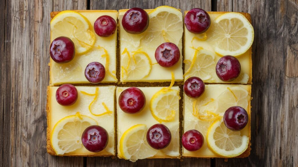 "Gooseberry and Lemon Cheesecake Bars arranged on a serving platter, with layers of lemony cheesecake, fresh gooseberries, and a crisp crust, making a delightful and visually appealing treat."

