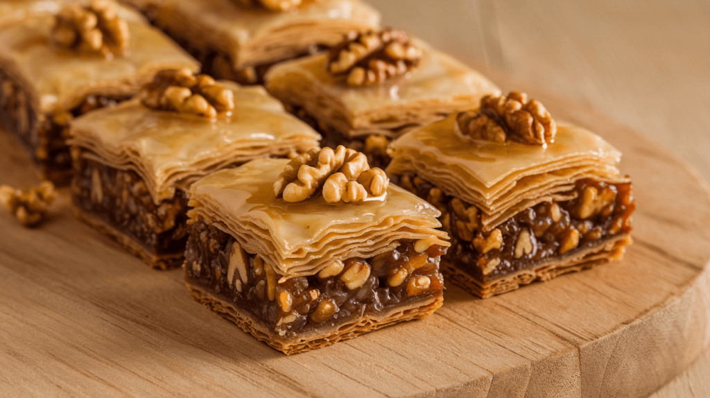 A plate of walnut baklava bars, with layers of crispy filo dough and a rich walnut filling, all drizzled with golden honey for a sweet and crunchy treat.