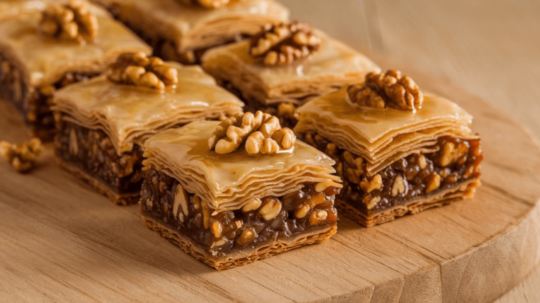 A plate of walnut baklava bars, with layers of crispy filo dough and a rich walnut filling, all drizzled with golden honey for a sweet and crunchy treat.