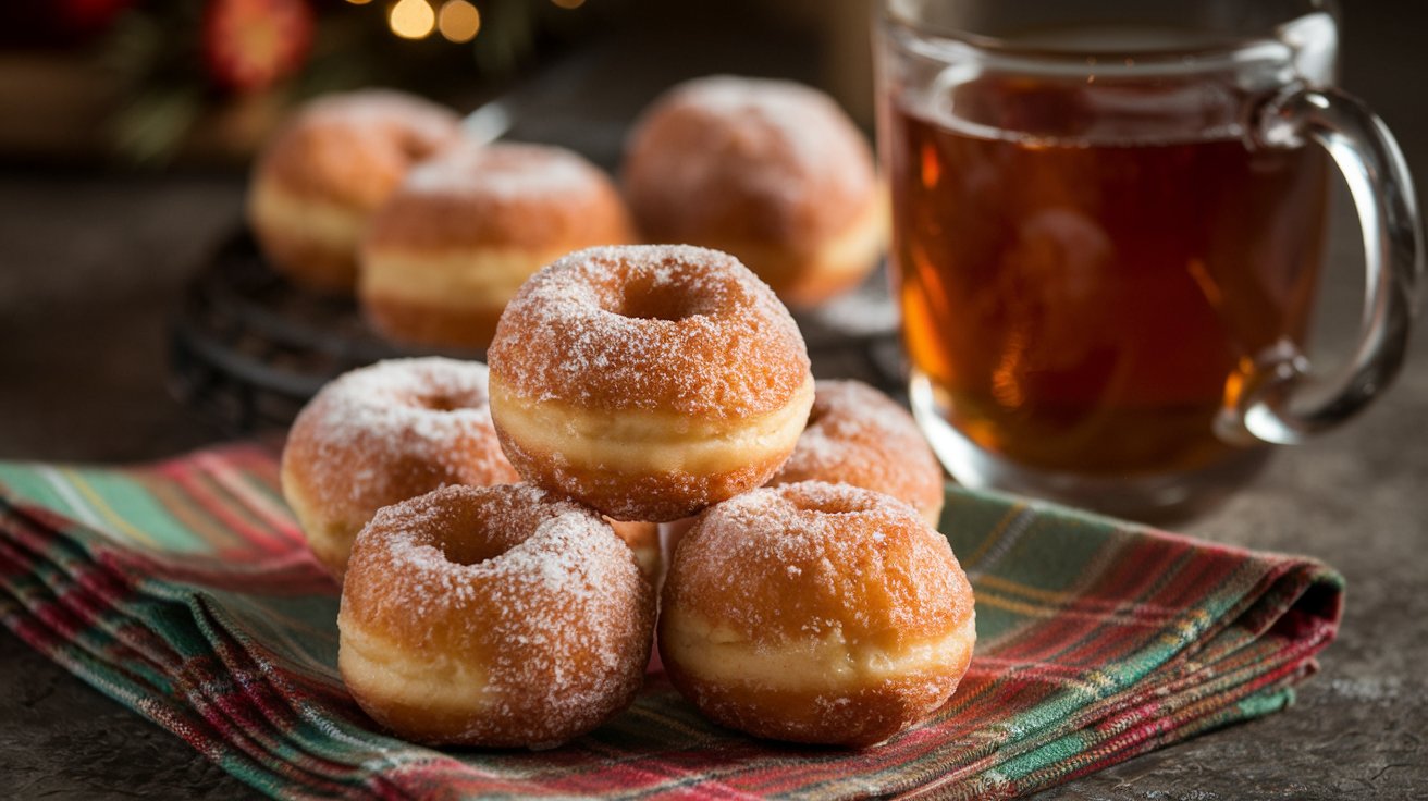 Apple Cider Donut Holes Dusted with Powdered Sugar and a Cinnamon Twist" A collection of apple cider donut holes dusted with powdered sugar and a hint of cinnamon, offering a sweet, aromatic dessert that captures the essence of fall in every bite