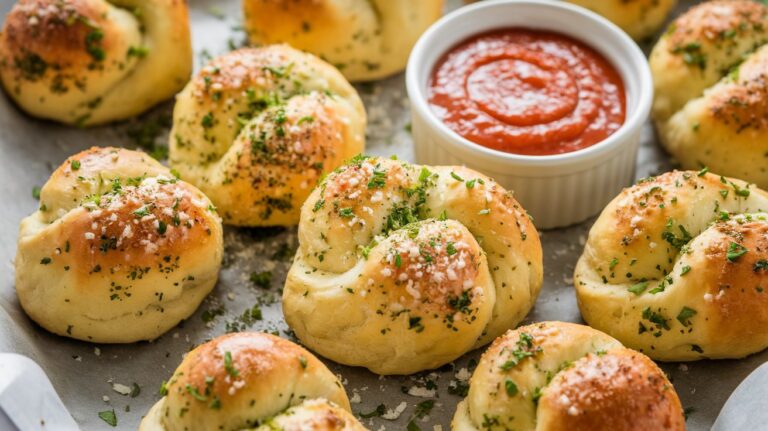 "Golden Buttery Garlic Knots Fresh Out of the Oven" A close-up shot of golden, freshly baked garlic knots, glistening with melted butter and sprinkled with freshly chopped parsley. The soft, pillowy texture of the knots contrasts perfectly with the rich, garlicky aroma, making them the perfect snack.