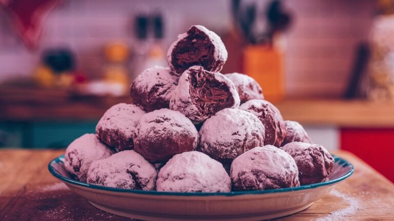 "A festive tray of Classic Chocolate Snowball Cookies, featuring a decadent chocolate flavor and a soft, powdered sugar coating, ideal for any celebration or cozy gathering."