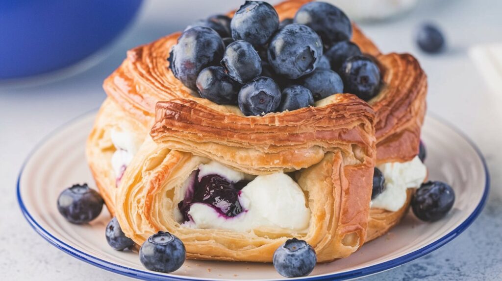 "Golden, flaky Blueberry Cream Cheese Puff Pastry filled with a rich, creamy center and topped with fresh blueberries, offering a perfect balance of sweetness and tang in every bite."