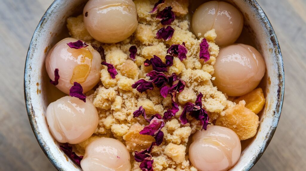  "A freshly baked Lychee and Rosewater Crumble, with a layer of fragrant rosewater-infused lychee beneath a perfectly baked crumble topping, adding an elegant twist to a classic dessert."

