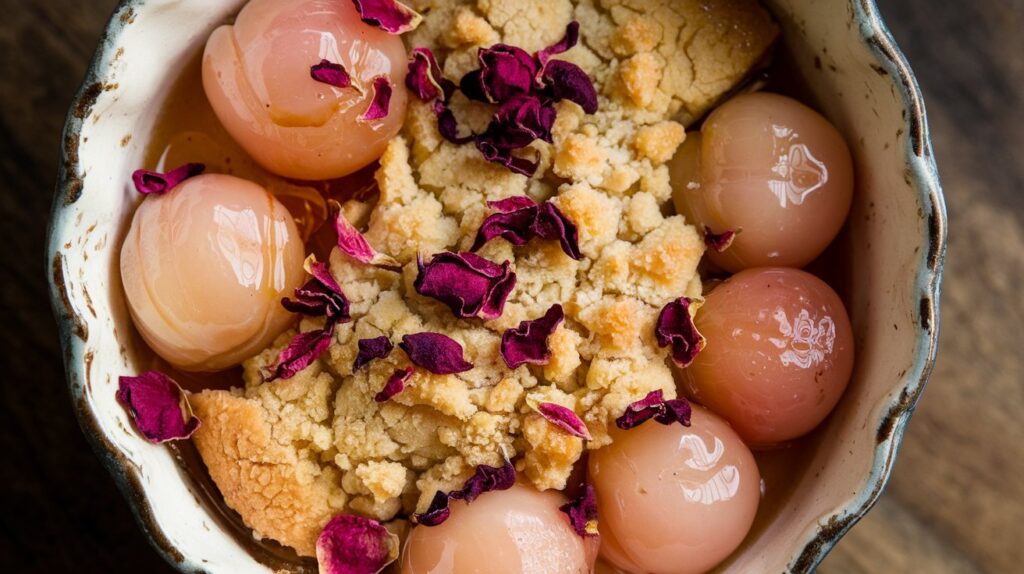 Alt Text: "Close-up of Lychee and Rosewater Crumble in a rustic dish, showcasing the tender lychee fruit and delicate rosewater flavor enveloped in a crisp, buttery crumble topping, creating a delightful dessert."