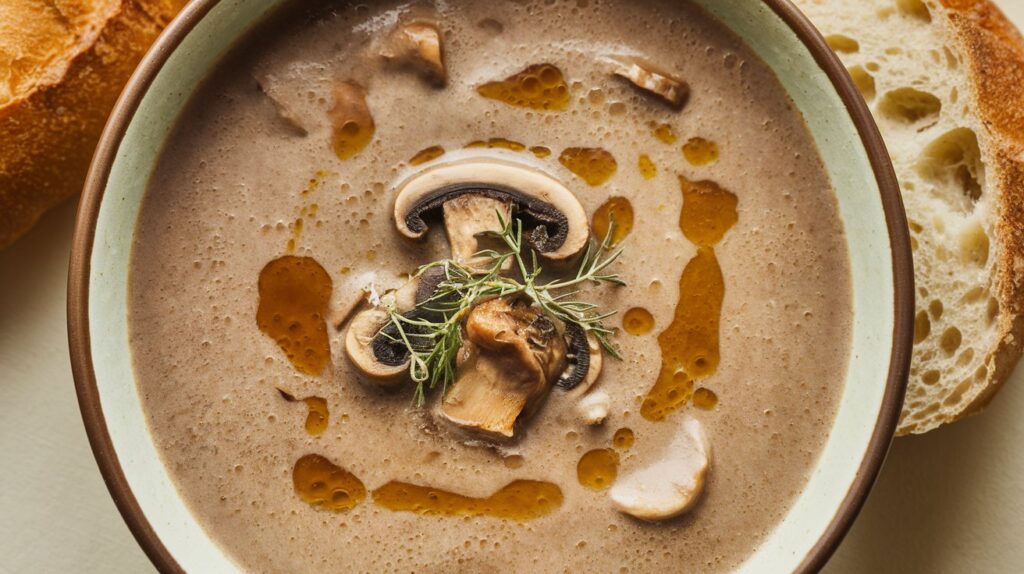 A bowl of creamy mushroom soup, with velvety smooth texture and a drizzle of mysterious oil swirling on top, adding an extra layer of flavor and intrigue.