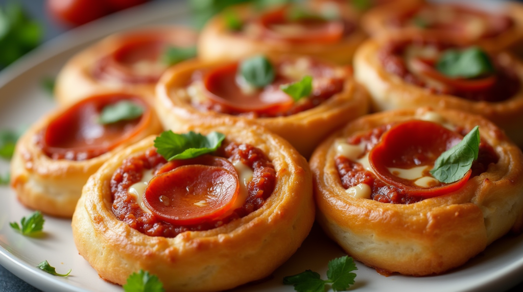 Close-up of freshly baked Chili Pepperoni Pizza Pinwheels with melted cheese and pepperoni, garnished with chili flakes, served on a white plate.