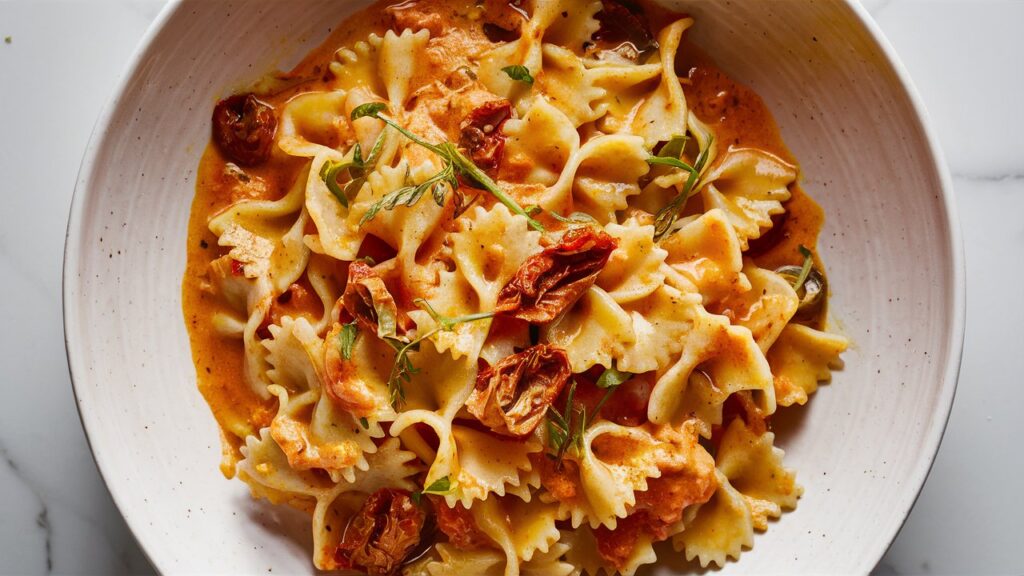 Farfalle pasta with creamy, orange-hued tomato-based sauce