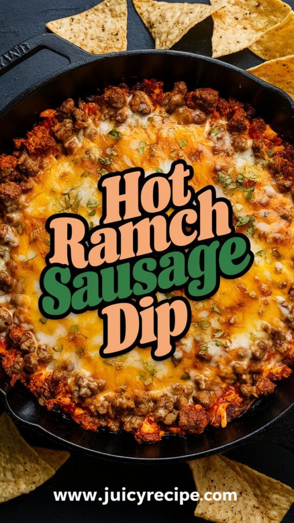 Close-up shot of a creamy Hot Ranch Sausage Dip layered with browned sausage, ranch seasoning, and gooey melted cheese, with a hand dipping a chip into the dish.