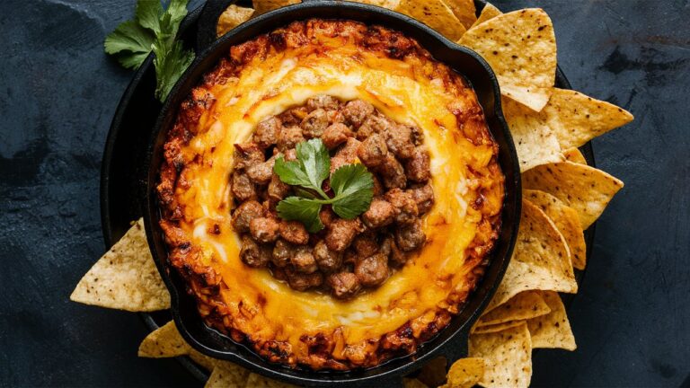 A bubbling dish of Hot Ranch Sausage Dip served in a cast-iron skillet, topped with melted cheese and garnished with fresh parsley, surrounded by crispy tortilla chips for dipping