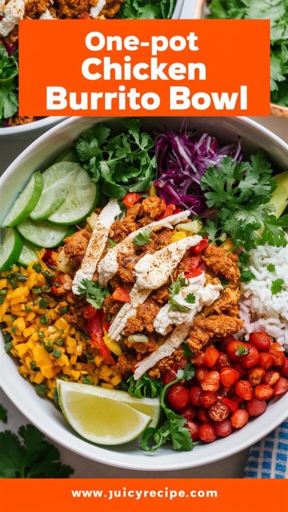 A full Pot Chicken and Rice Burrito Bowl spread, showcasing the perfectly cooked chicken, rice, and a mix of fresh vegetables, with a side of lime wedges for an added kick.