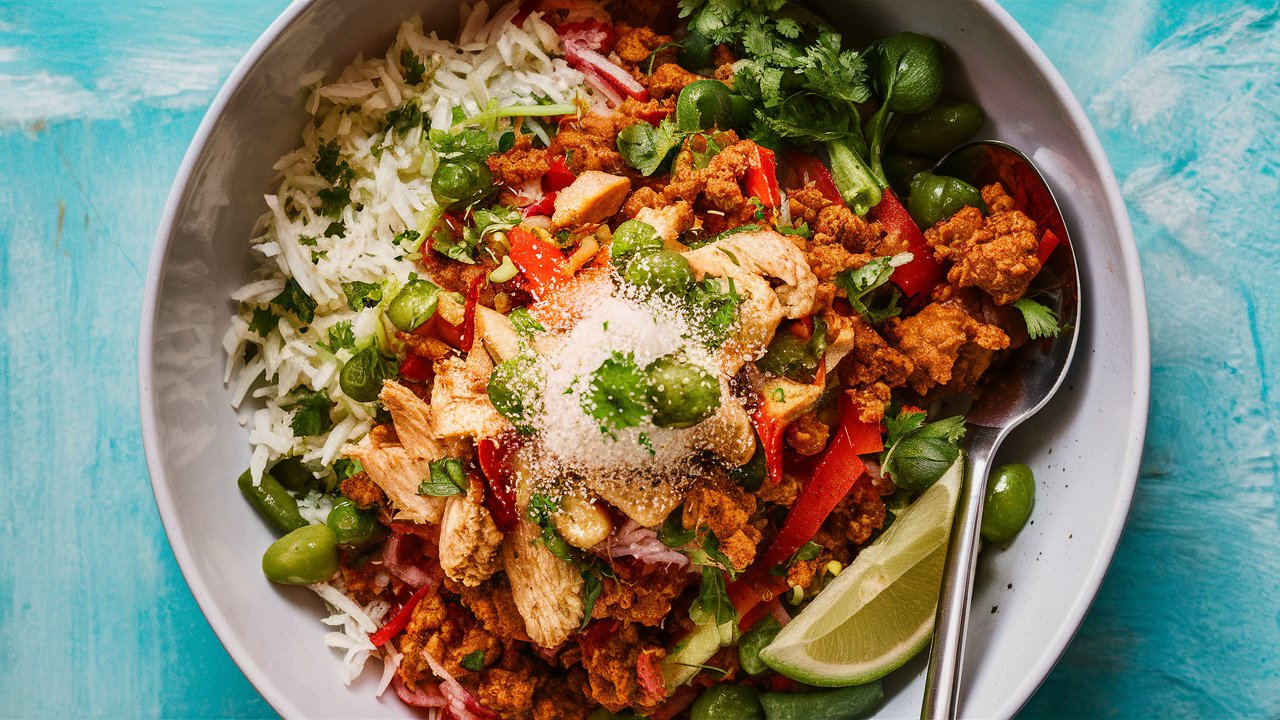 Overhead shot of a delicious Pot Chicken and Rice Burrito Bowl, with ingredients neatly arranged in the bowl, highlighting the combination of protein, grains, and veggies, garnished with fresh herbs