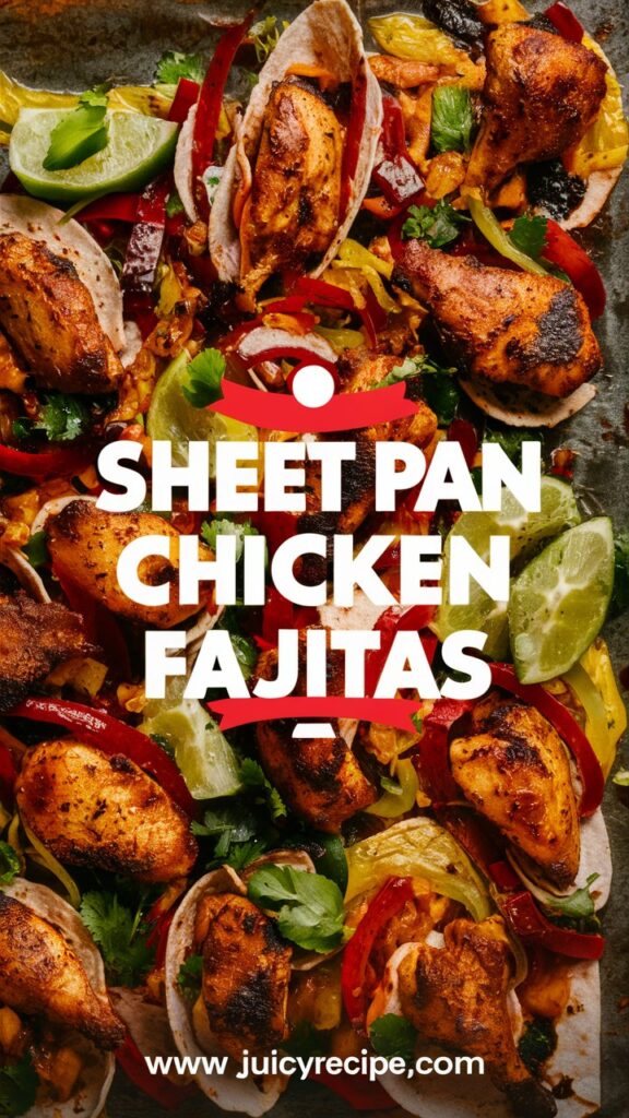 Juicy Sheet Pan Chicken Fajitas fresh out of the oven, featuring golden-brown chicken and colorful vegetables garnished with fresh cilantro, ready to serve