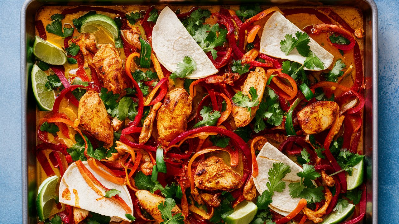 A vibrant sheet pan loaded with seasoned chicken strips, bell peppers, and onions, roasted to perfection, with warm tortillas on the side for making Sheet Pan Chicken Fajitas