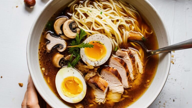 Delicious homemade ramen with fresh noodles, rich broth, and a variety of toppings including soft-boiled egg, chashu pork, bamboo shoots, and green onions