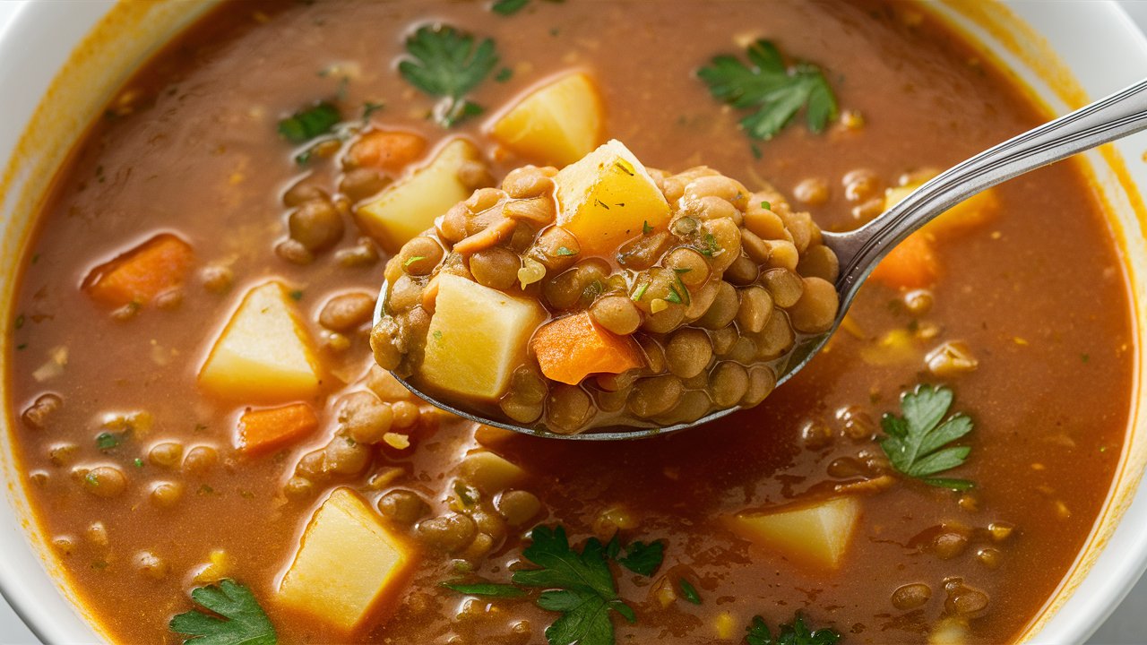 Cozy & Hearty Lentil, Carrot, and Potato Soup served in a bowl with fresh parsley.