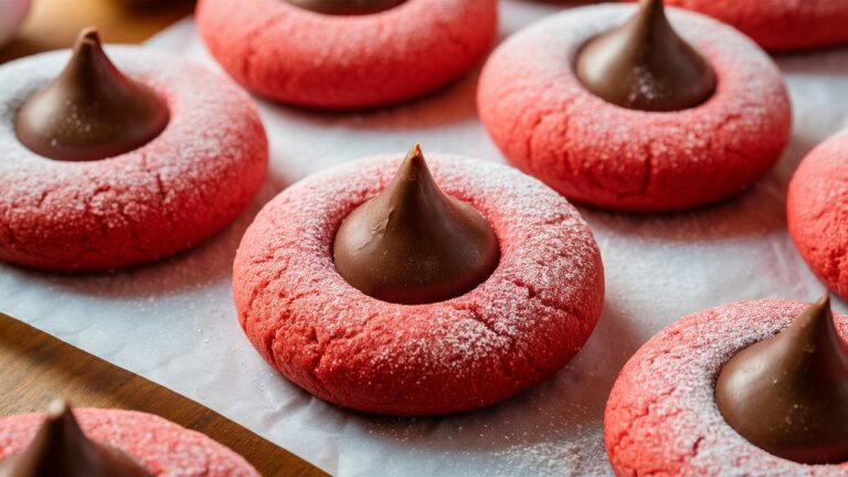 A batch of freshly baked strawberry kiss cookies on a parchment-lined baking tray, featuring soft pink cookies topped with a glossy chocolate kiss, creating a perfect blend of sweetness and charm