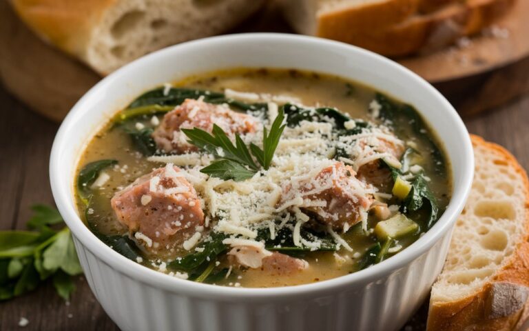 A bowl of Italian Sausage Parmesan Soup, featuring savory Italian sausage, tender pasta, and vegetables in a rich tomato-based broth, topped with grated Parmesan cheese