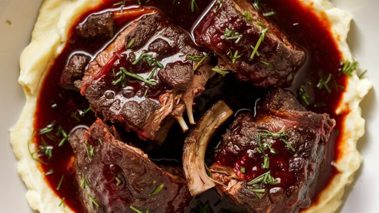 A hearty serving of red wine braised short ribs, garnished with herbs and served with vegetables