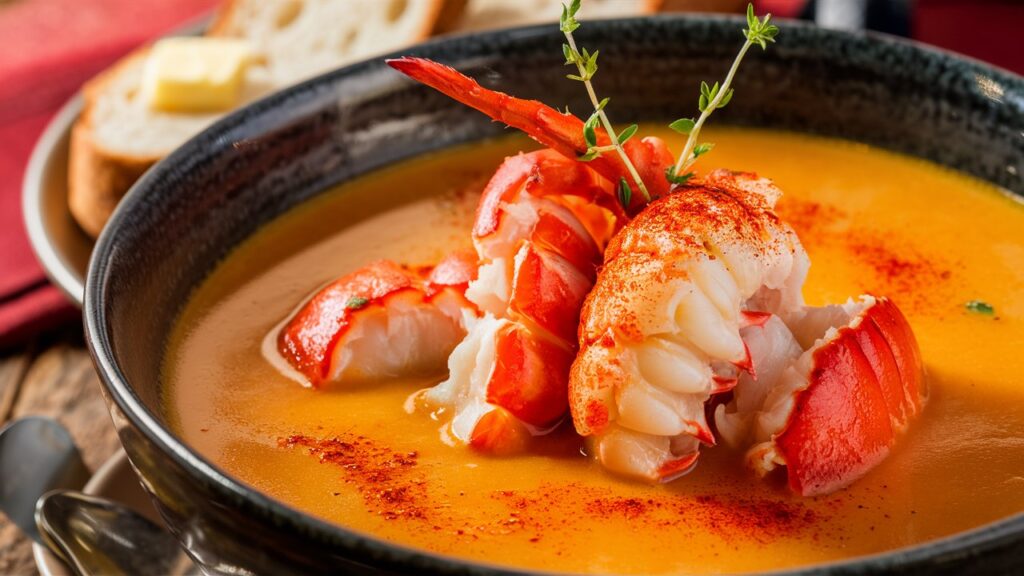 A bowl of creamy lobster bisque, rich and velvety, garnished with pieces of succulent lobster, perfect for a warm and comforting meal on a cozy evening.