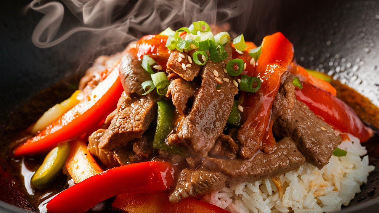 A delicious plate of Chinese pepper steak, tender slices of beef stir-fried with vibrant bell peppers, served over a bed of fluffy white rice for a satisfying meal