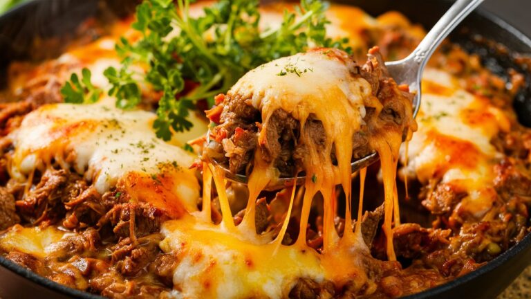 A hearty cheesy beef and rice skillet, filled with seasoned ground beef, fluffy rice, and melted cheese, garnished with fresh herbs for a comforting one-pan meal